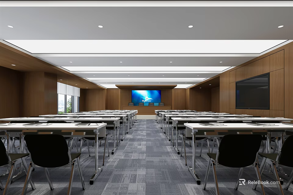 Modern Conference Room Featuring Long Tables Multiple Seat Rows Projection Screen Wooden Walls Gray Carpet 3d model 