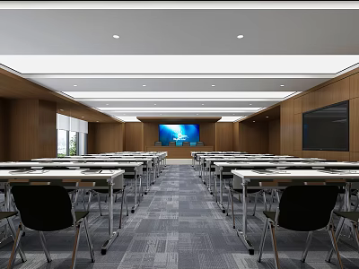Modern Conference Room Featuring Long Tables Multiple Seat Rows Projection Screen Wooden Walls Gray Carpet 3d model