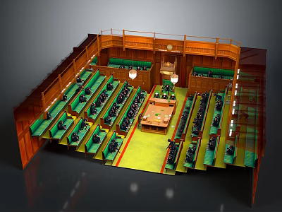 Cartoon Style Meeting Hall Scene With Neatly Arranged Green Seats Wooden Structure And Central Table 3d model