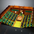 Cartoon Style Meeting Hall Scene With Neatly Arranged Green Seats Wooden Structure And Central Table