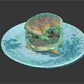 Juicy Hamburger With Beef Patty Fresh Lettuce Red Tomato Melted Cheese On Blue Floral Plate