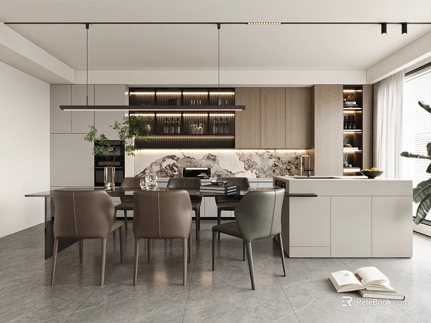 Modern Restaurant Interior Design With Dining Table Chairs Pendant Lights And Plants 3d model 