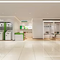 Modern Service Hall with Self Service Terminals Green and White Counters and Bright Clean Layout