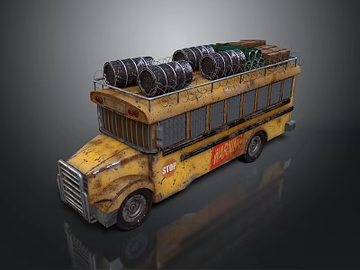 Rusty Old Yellow Bus Loaded with Multiple Barrels and Boxes on Roof 3d model