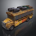Rusty Old Yellow Bus Loaded with Multiple Barrels and Boxes on Roof 3d model