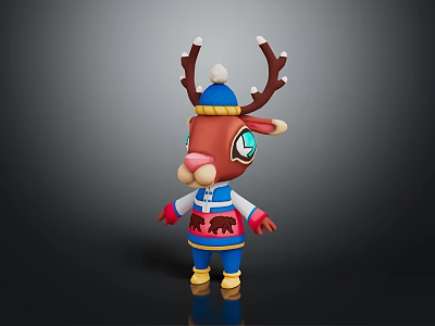 Cute Cartoon Deer Character With Blue Hat Decorative Antlers And Bear Design Jacket Yellow Boots 3d model