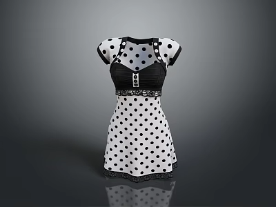 Stylish Black and White Polka Dot Dress with Black Collar Cuffs and Decorative Waistband 3d model