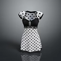 Stylish Black and White Polka Dot Dress with Black Collar Cuffs and Decorative Waistband