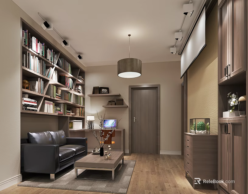 Modern Living Room Interior With Black Leather Sofa Bookshelves Pendant Light And Wooden Floor 3d model 