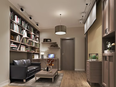 Modern Living Room Interior With Black Leather Sofa Bookshelves Pendant Light And Wooden Floor 3d model