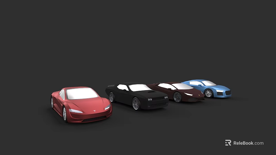 Colorful Sports Cars in Red Black Brown and Blue Colors Displayed Side by Side 3d model 