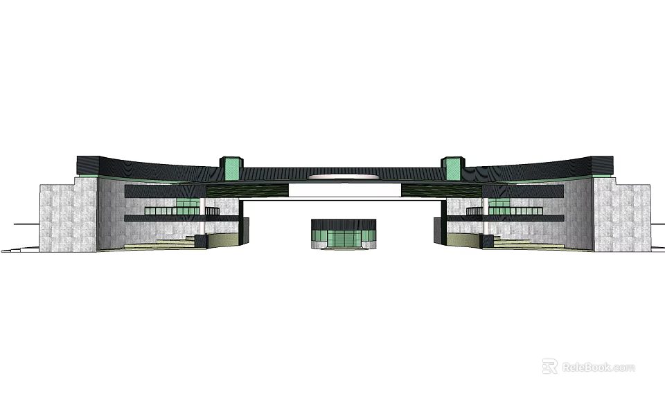 Modern Entrance Gate Design With Curved Roof Glass Door And Stone Walls 3d model 