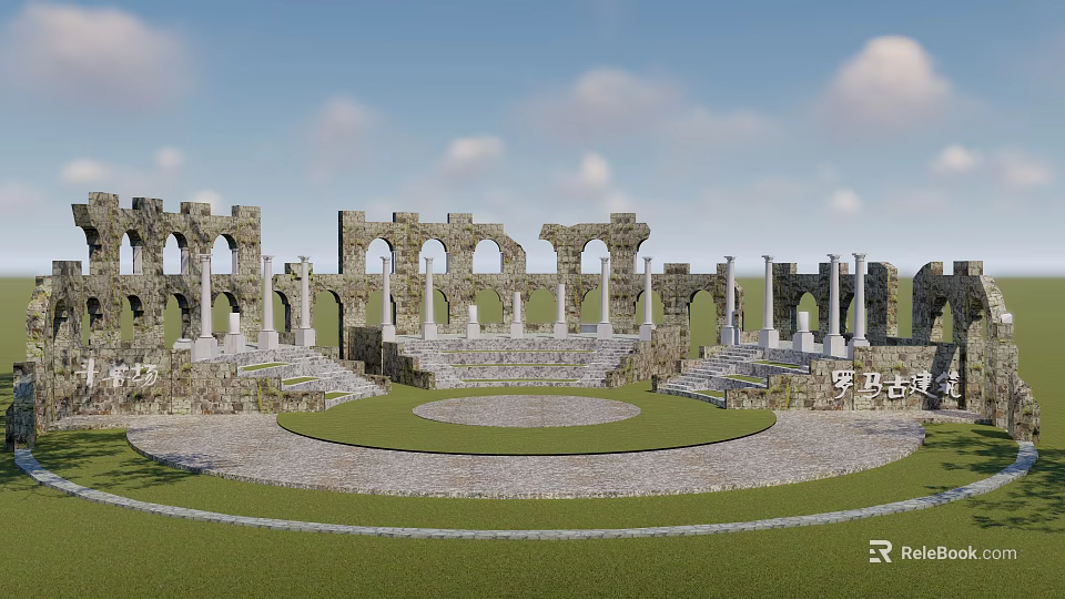 Ancient Roman Ruins With Arches Columns And Circular Stone Plaza 3d model 