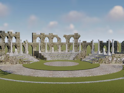 Ancient Roman Ruins With Arches Columns And Circular Stone Plaza 3d model