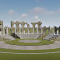 Ancient Roman Ruins With Arches Columns And Circular Stone Plaza