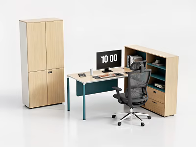 Modern Office Desk Setup With Wooden Cabinets Computer Monitor And Ergonomic Chair 3d model