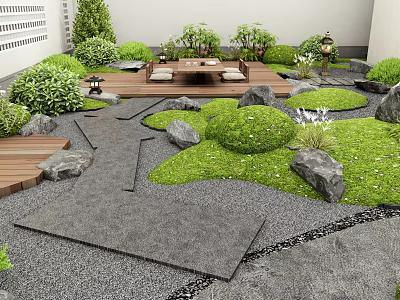 Japanese Style Courtyard Garden With Stone Pathways Green Plants And Wooden Platform Area 3d model