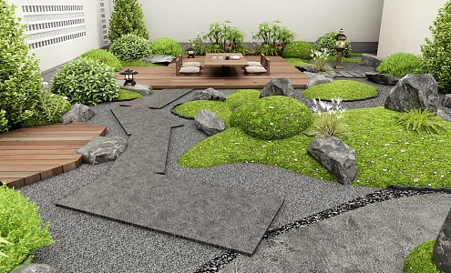 New Chinese style dry landscape courtyard garden rockery waterscape shrub plant landscape stone micro-terrain Tingbu 3d model