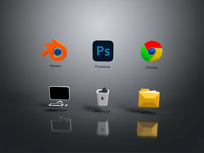 Set of App Icons with Sketch Photoshop Chrome Monitor Trash Can and Yellow Folder 3d model