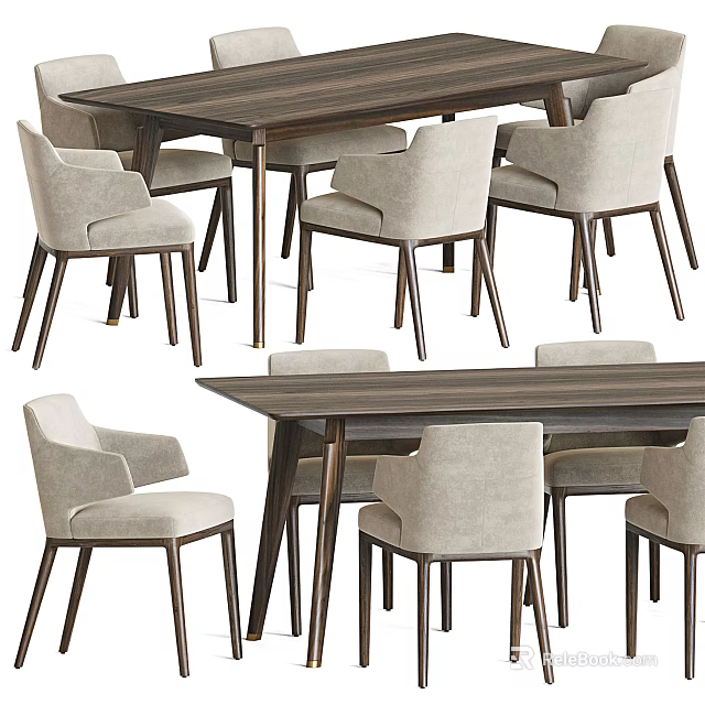 Stylish Modern Dining Table Set with Beige Fabric Chairs and Dark Wood Finish 3d model 