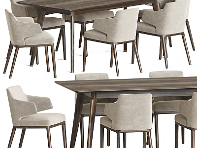 Stylish Modern Dining Table Set with Beige Fabric Chairs and Dark Wood Finish 3d model