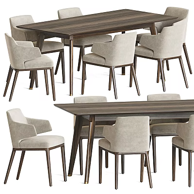 Stylish Modern Dining Table Set with Beige Fabric Chairs and Dark Wood Finish 3d model