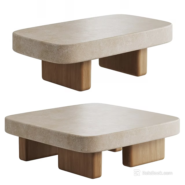 Modern Square Coffee Table With Beige Stone Top And Wooden Legs 3d model 