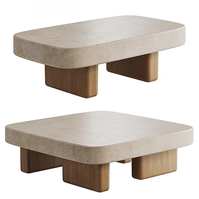 Modern Square Coffee Table With Beige Stone Top And Wooden Legs 3d model