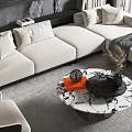 Modern Beige L shaped Sofa with Plush Cushions and Marble Coffee Table Set in Living Room