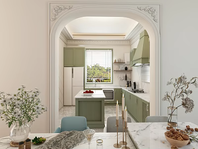 Kitchen Interior With Green Cabinets White Countertop Arched Doorway And Window Blinds 3d model