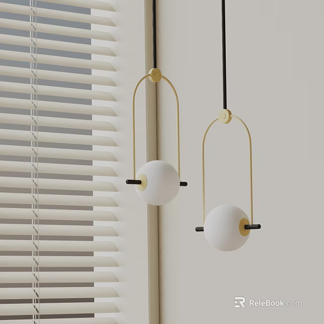 Modern Minimalist Pendant Lights Featuring Golden Frame White Spherical Shades Black Cords And Venetian Blinds 3d model 