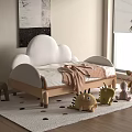 Cozy Kids Cloud Shaped Wooden Frame Bed with Stuffed Toys on Dot Rug Near Window Plant