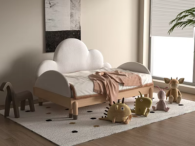 Cozy Kids Cloud Shaped Wooden Frame Bed with Stuffed Toys on Dot Rug Near Window Plant 3d model