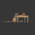 Rustic Wooden Table Display With Clay Pot Woven Baskets And Cloth