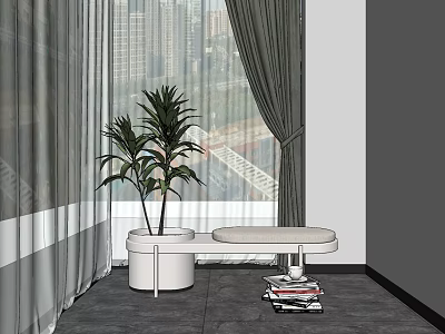 Modern Room With White Round Stool By Window Green Plant City View And Stacked Books 3d model