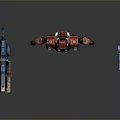 Armored Character In Red Black Silver Armor Standing With Blue Drone Companions
