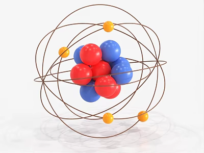 Atomic Structure Model With Red Blue Spheres And Yellow Orbit Balls 3d model