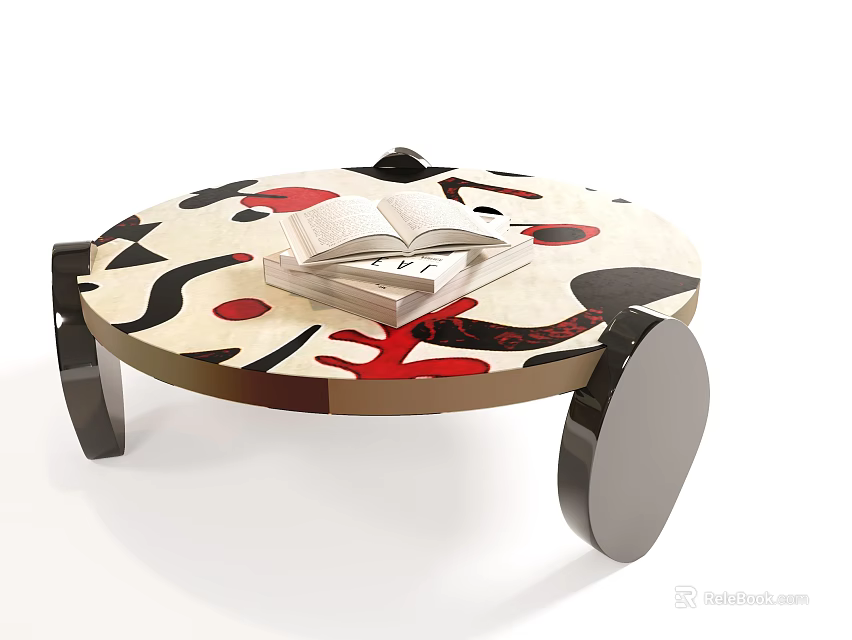 Round Coffee Table With Artistic Red Black Pattern And Metal Legs Featuring Open Book 3d model