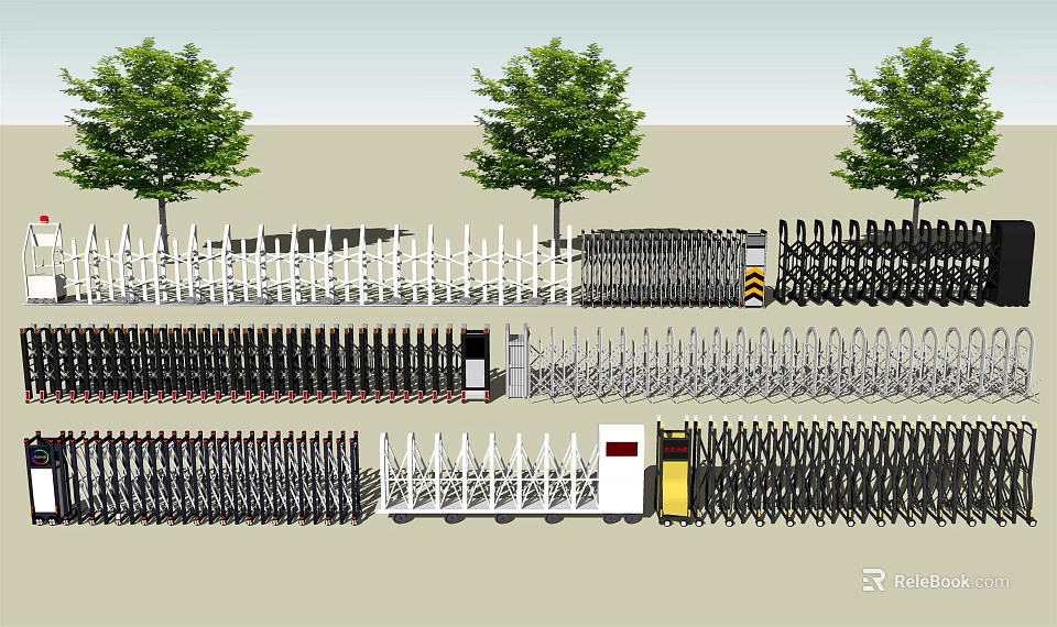 Different Types of Gates Including White Fences and Black Retractable Gates with Trees 3d model 