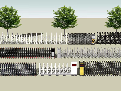 Different Types of Gates Including White Fences and Black Retractable Gates with Trees 3d model