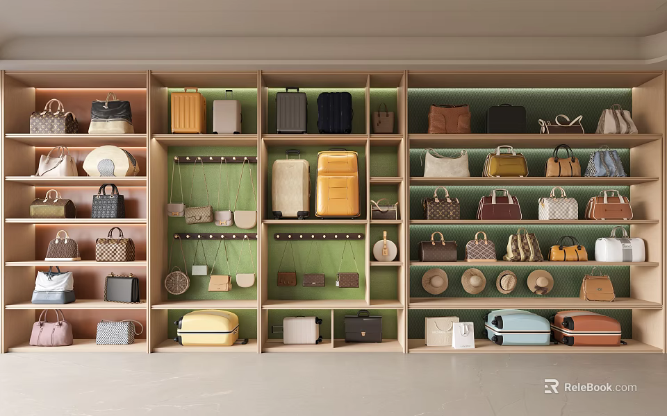 Various Stylish Bags And Suitcases Arranged On Organized Retail Store Shelves 3d model 