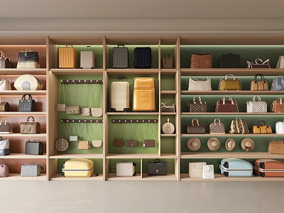 Various Stylish Bags And Suitcases Arranged On Organized Retail Store Shelves 3d model