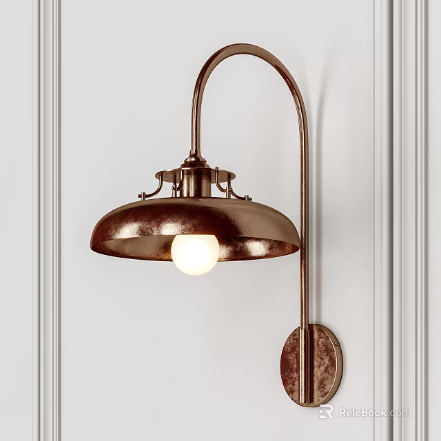 Vintage Metal Wall Sconce With Round Shade Exposed Bulb On Decorative White Wall 3d model 