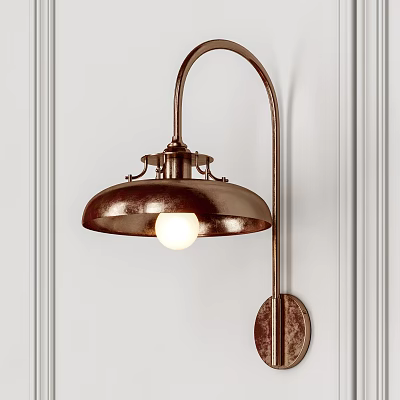 Vintage Metal Wall Sconce With Round Shade Exposed Bulb On Decorative White Wall 3d model