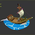 Decorative Pirate Ship Model with Brown Hull White Sail Black Flag and Blue Wave Base