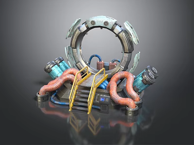 Mechanical Sci Fi Ring Structure Featuring Pipes Yellow Staircase And Components 3d model