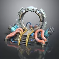 Mechanical Sci Fi Ring Structure Featuring Pipes Yellow Staircase And Components 3d model