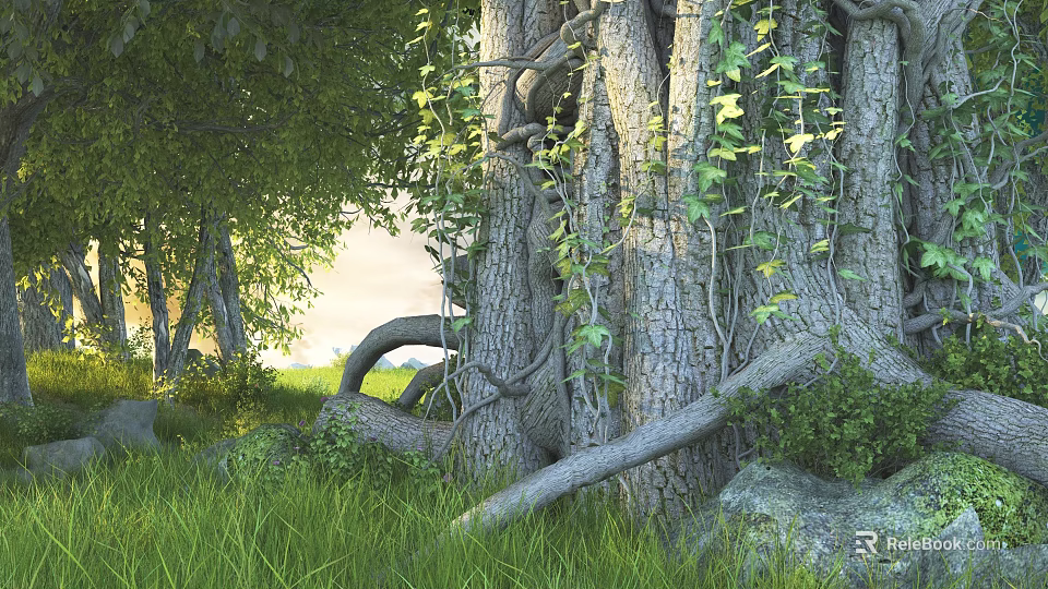 Beautiful Forest Scenery With Thick Tree Trunks Winding Vines Green Grass Stones Sunlight Through Leaves 3d model 