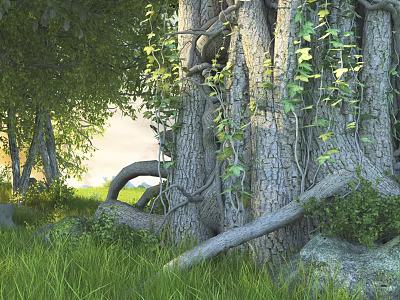 Beautiful Forest Scenery With Thick Tree Trunks Winding Vines Green Grass Stones Sunlight Through Leaves 3d model
