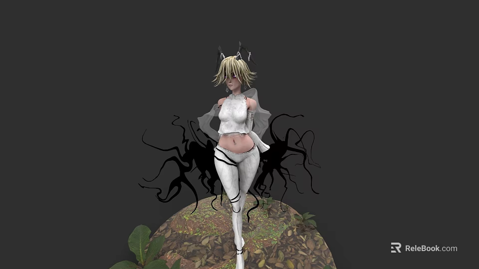 Mystical Game Movie Character With Blonde Hair Horns And Black Tentacles Standing On Leafy Ground 3d model 